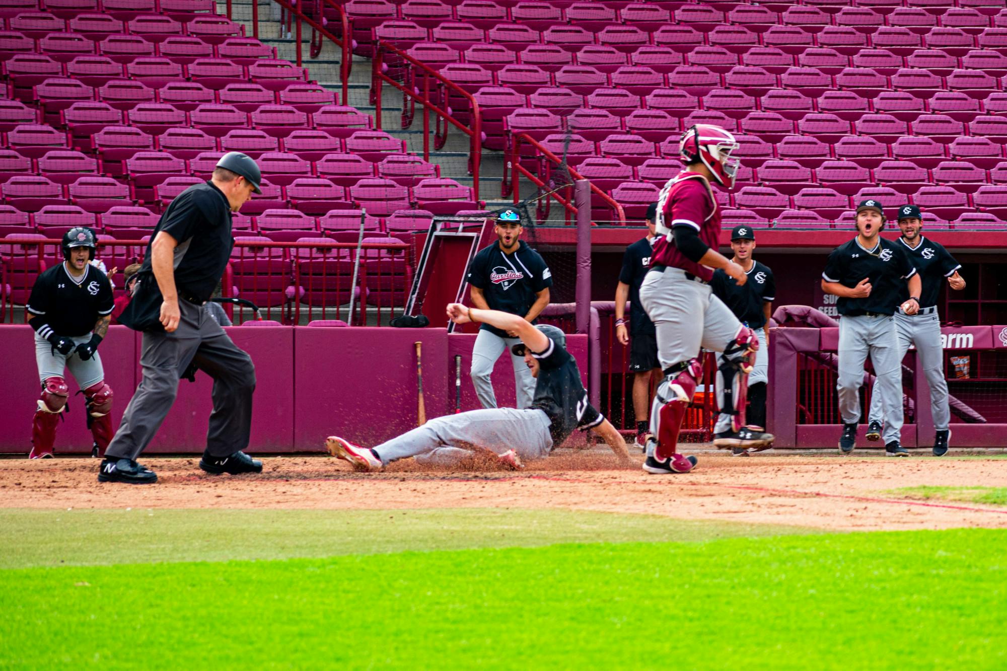 Senior infielder Braylen Wimmer slides into home plate scoring a run for the Black team during their scrimmage on Nov. 2, 2022. Wimmer played and started in all 55 games for South Carolina last season, making him the only Gamecock to start every game for the 2022 season.