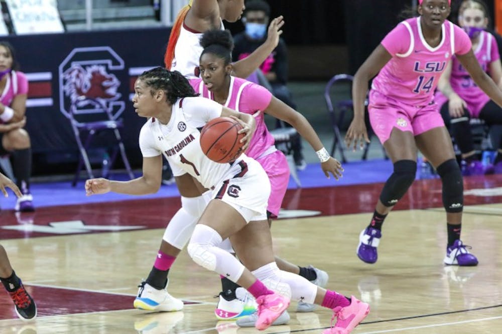 Sophomore guard Zia Cooke dribbles past a defender in South Carolina's win over LSU. The Gamecocks improved to 17-2 following the win.