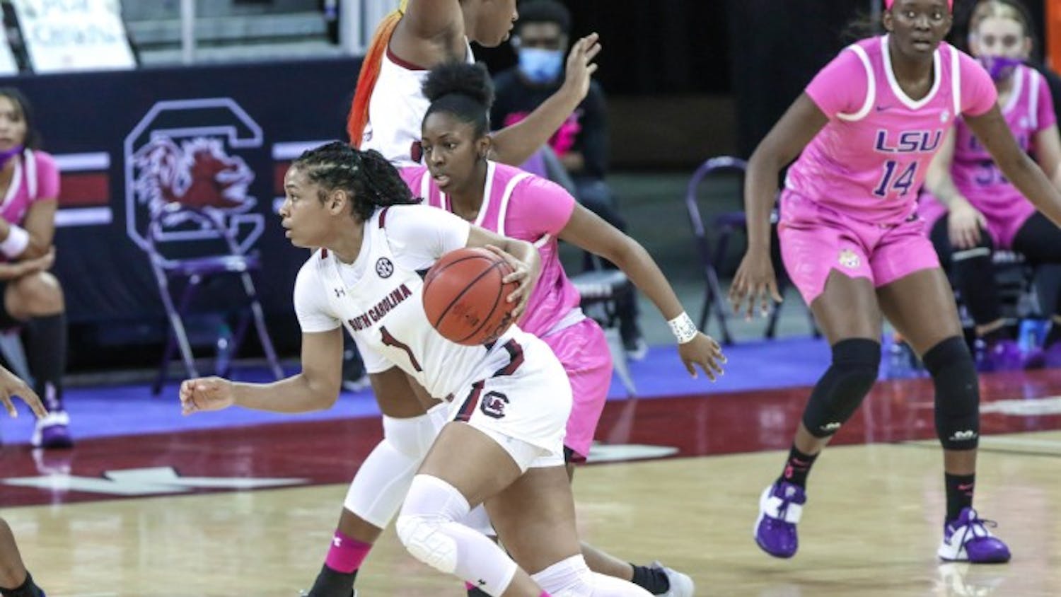Sophomore guard Zia Cooke dribbles past a defender in South Carolina's win over LSU. The Gamecocks improved to 17-2 following the win.