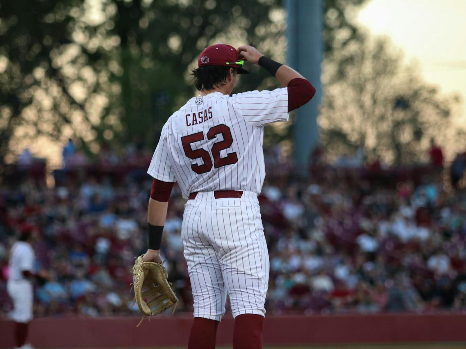 Senior infielder Gavin Casas adjusts his hat during the 9-8 Gamecock victory over the Missouri Tigers at Founders Park on March 24, 2023. Casas decided to return to Gamecock baseball for his senior season, foregoing the MLB draft.
