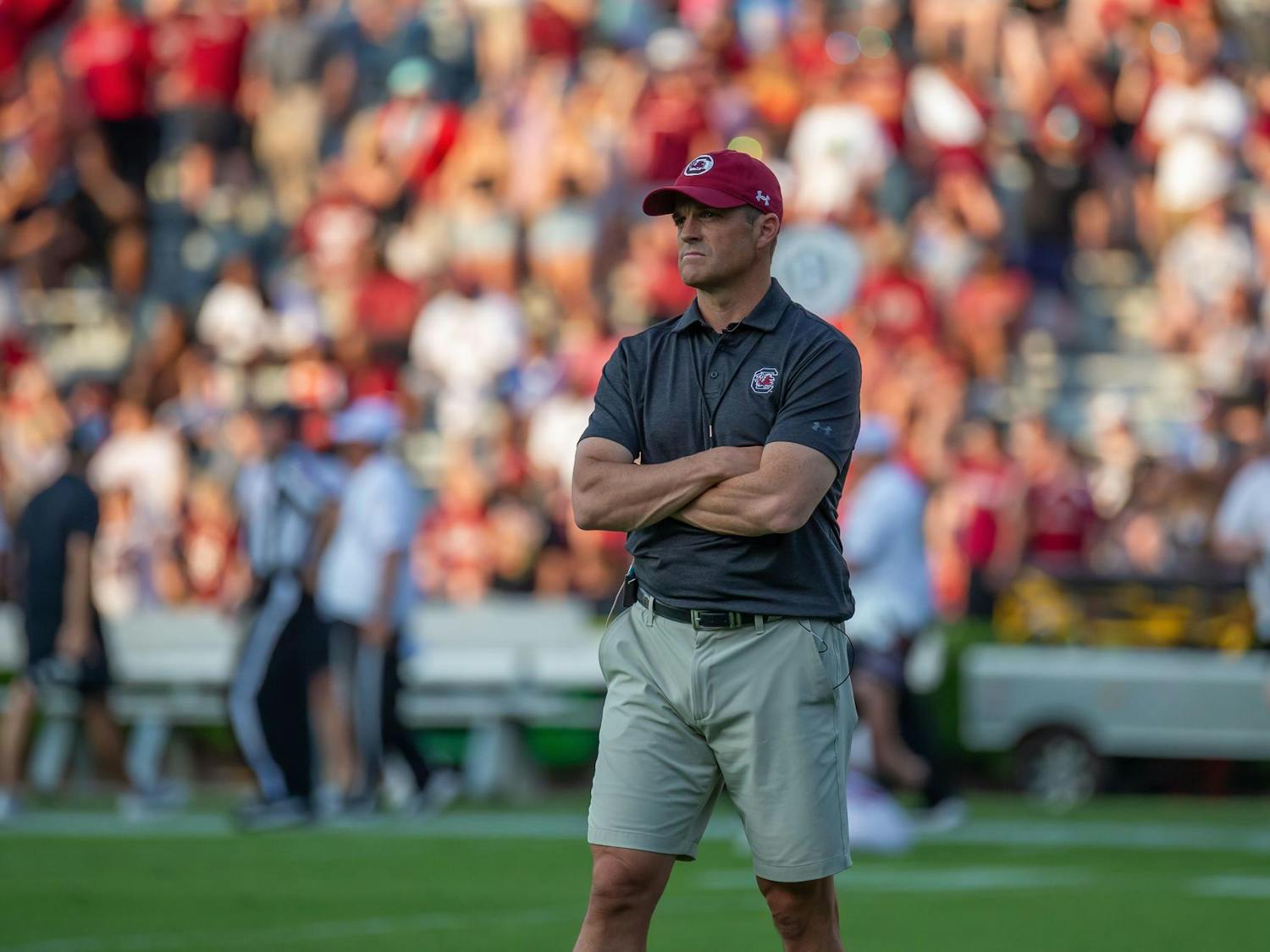 Head coach Shane Beamer looks on from the field prior to the 2024 Garnet &amp; Black Spring Game at Williams-Brice Stadium on April 20, 2024. The 2024 season will be Beamer’s fourth season with the Gamecocks.