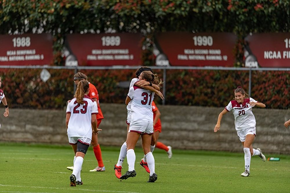 Freshman midfielder Rylee Forster celebrates a goal with her teammates against Florida earlier in the 2020 season.