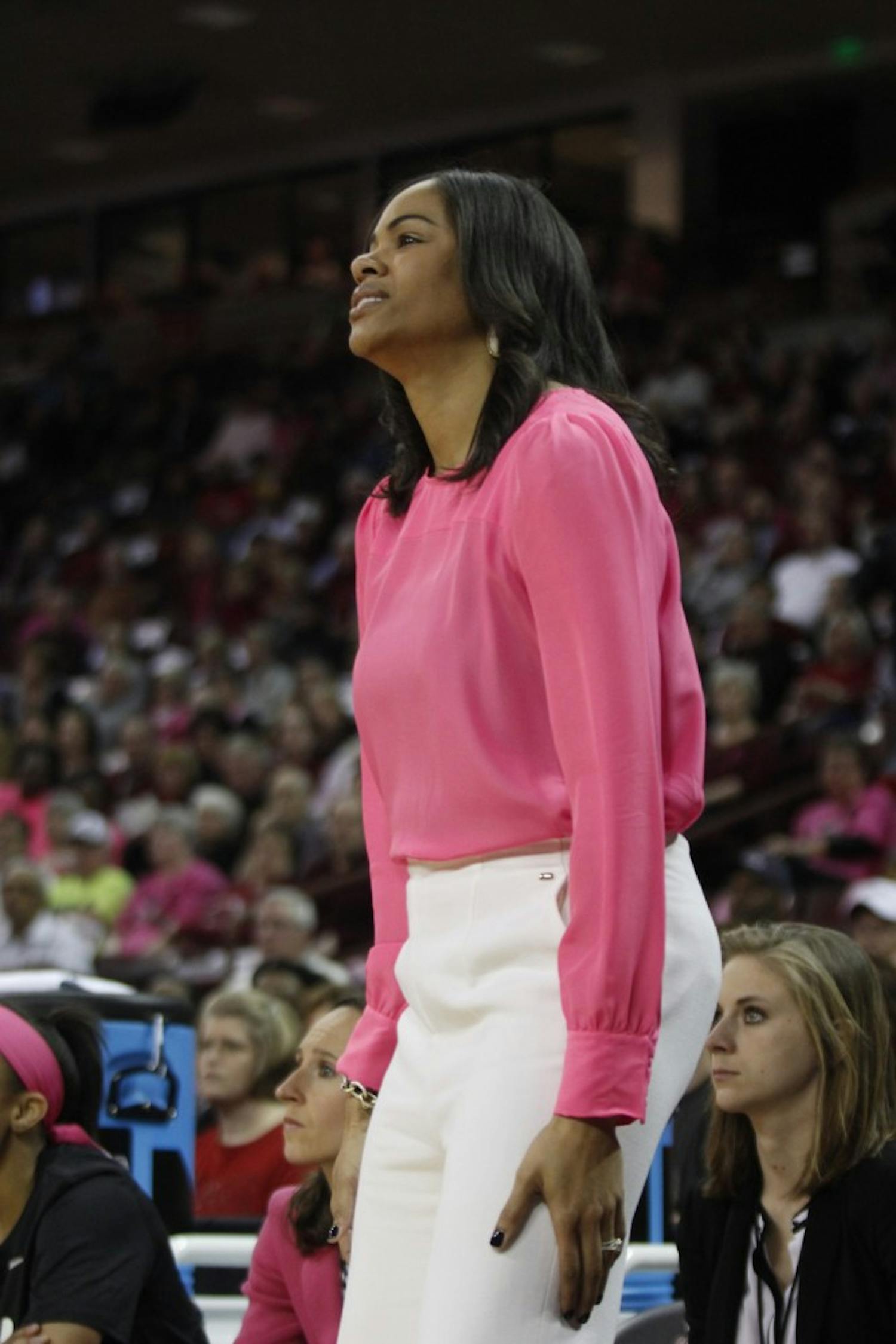 Georgia Bulldogs Head Coach Joni Taylor gets flustered as her team starts off the first quarter against the South Carolina Gamecocks with a missed three-pointer. Colonial Life Arena, Columbia, SC. February 18, 2016