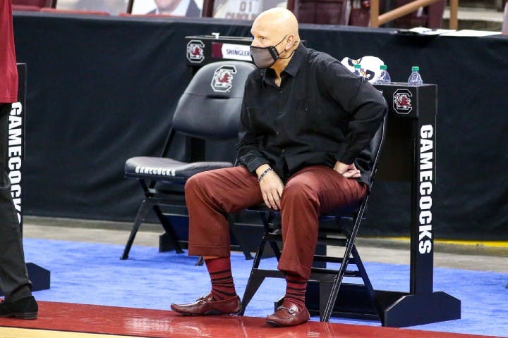 Head basketball coach Frank Martin watches from the sidelines in a 2021 game against Ole Miss.