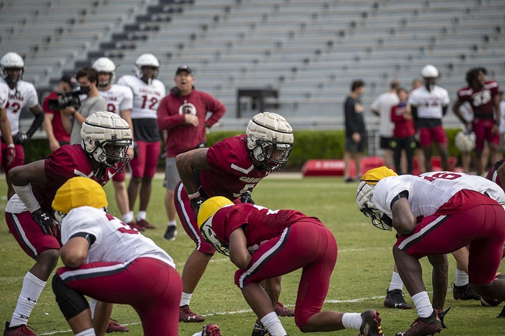<p>Players on the Gamecock football team practice for the upcoming spring game.</p>