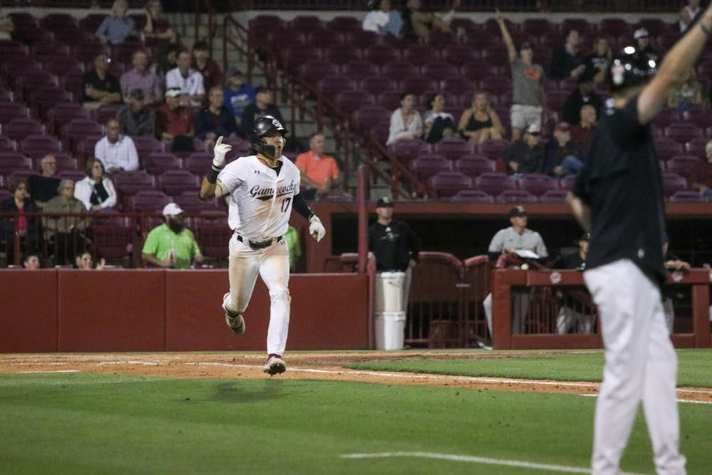 <p>Junior outfielder Tyler Bak celebrates as he runs to first base at Founders Park on March 31, 2026. Bak hit a three-run homer, which led the Gamecocks to have a six-run fifth inning.</p>