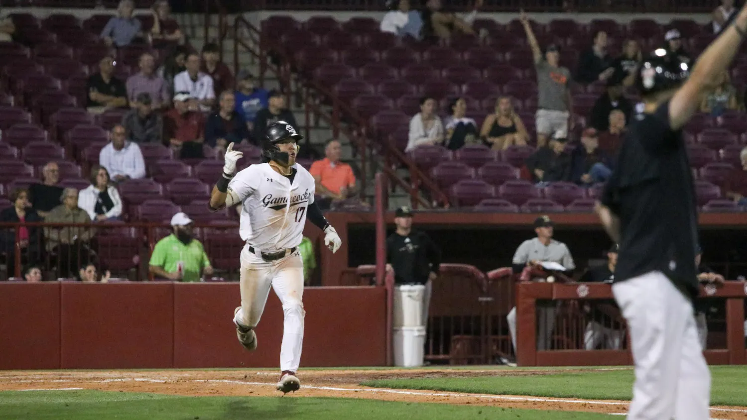 Junior outfielder Tyler Bak celebrates as he runs to first base at Founders Park on March 31, 2026. Bak hit a three-run homer, which led the Gamecocks to have a six-run fifth inning.