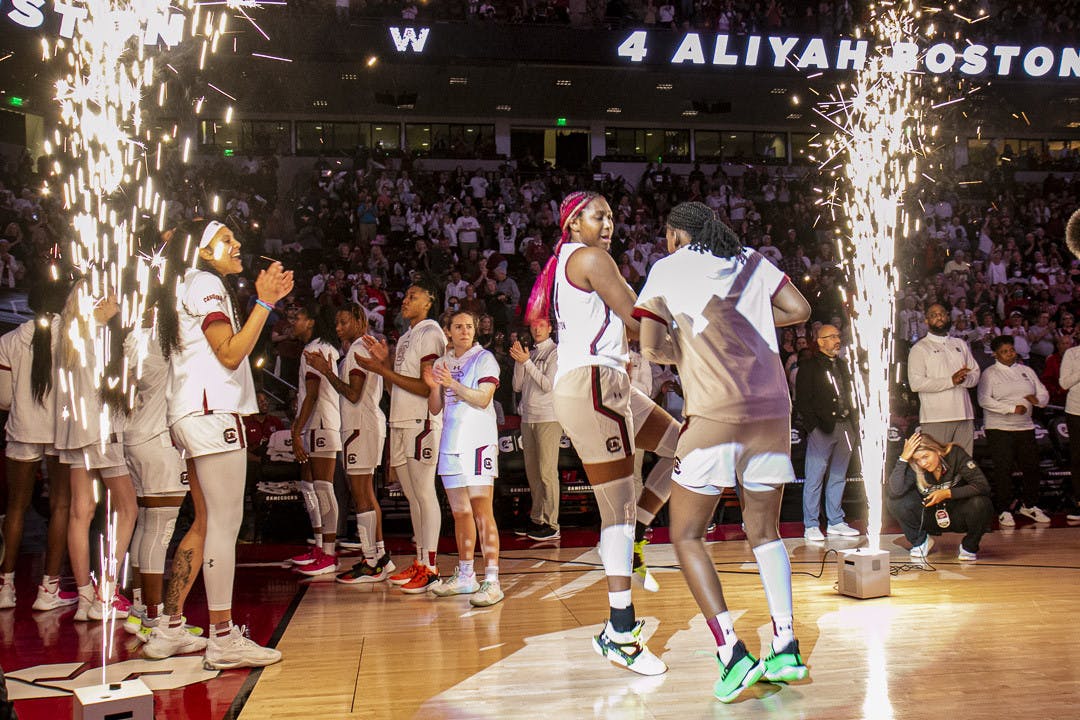 Senior forward Aliyah Boston (left) and sophomore guard Bree Hall (right) hype each other up during South Carolina's introduction before the match against Florida at Colonial Life Arena on Feb. 16, 2023. The Gamecocks beat the Gators 87-56.