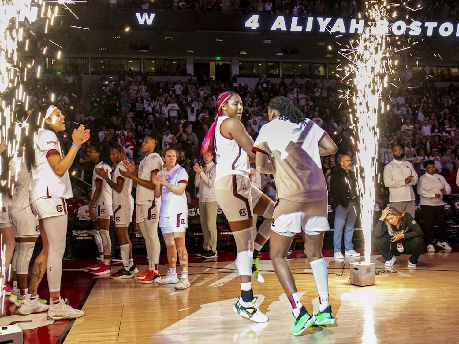 Senior forward Aliyah Boston (left) and sophomore guard Bree Hall (right) hype each other up during South Carolina's introduction before the match against Florida at Colonial Life Arena on Feb. 16, 2023. The Gamecocks beat the Gators 87-56.
