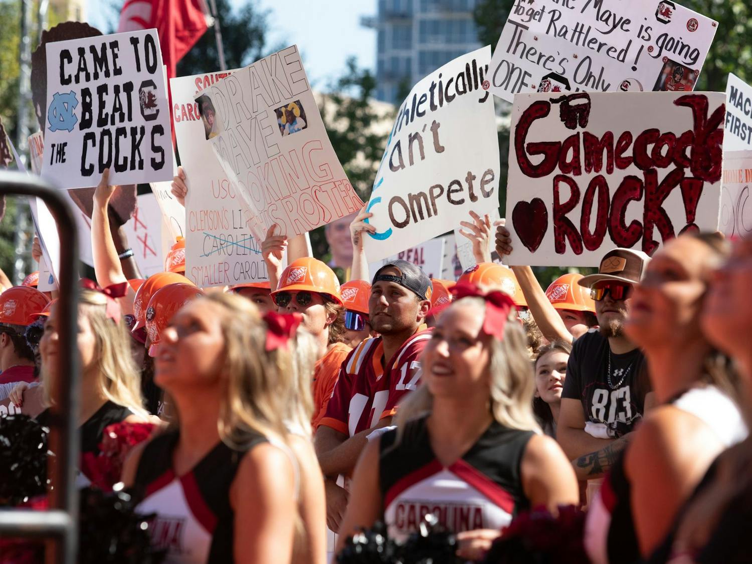 Cheerleaders and fans from the University of North Carolina and the University of South Carolina gather for College GameDay. Fans lined up beginning at 3 a.m. on Sept. 2, 2023.