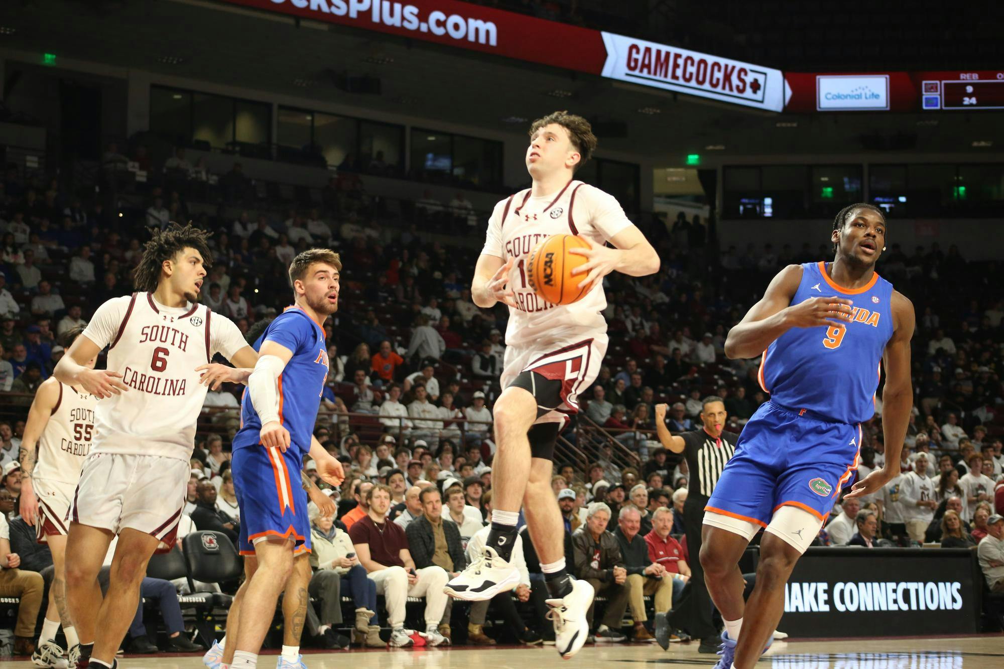 FILE — Freshman guard Eli Ellis jumps for a layup against Florida on Jan. 28, 2026, at the Colonial Life Arena. Ellis scored 13 points for the Gamecocks during the 26 minutes he played.