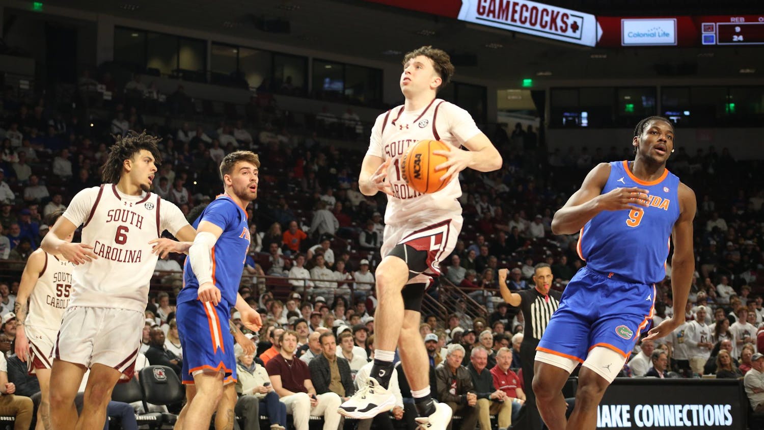 FILE — Freshman guard Eli Ellis jumps for a layup against Florida on Jan. 28, 2026, at the Colonial Life Arena. Ellis scored 13 points for the Gamecocks during the 26 minutes he played.