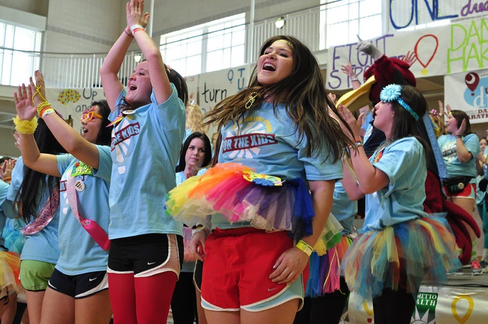 	The morale team shows off the carefully choreographed dance routine that Dance Marathon participants learn over the duration of the 24 hour event.
Brian Almond/The Daily Gamecock
