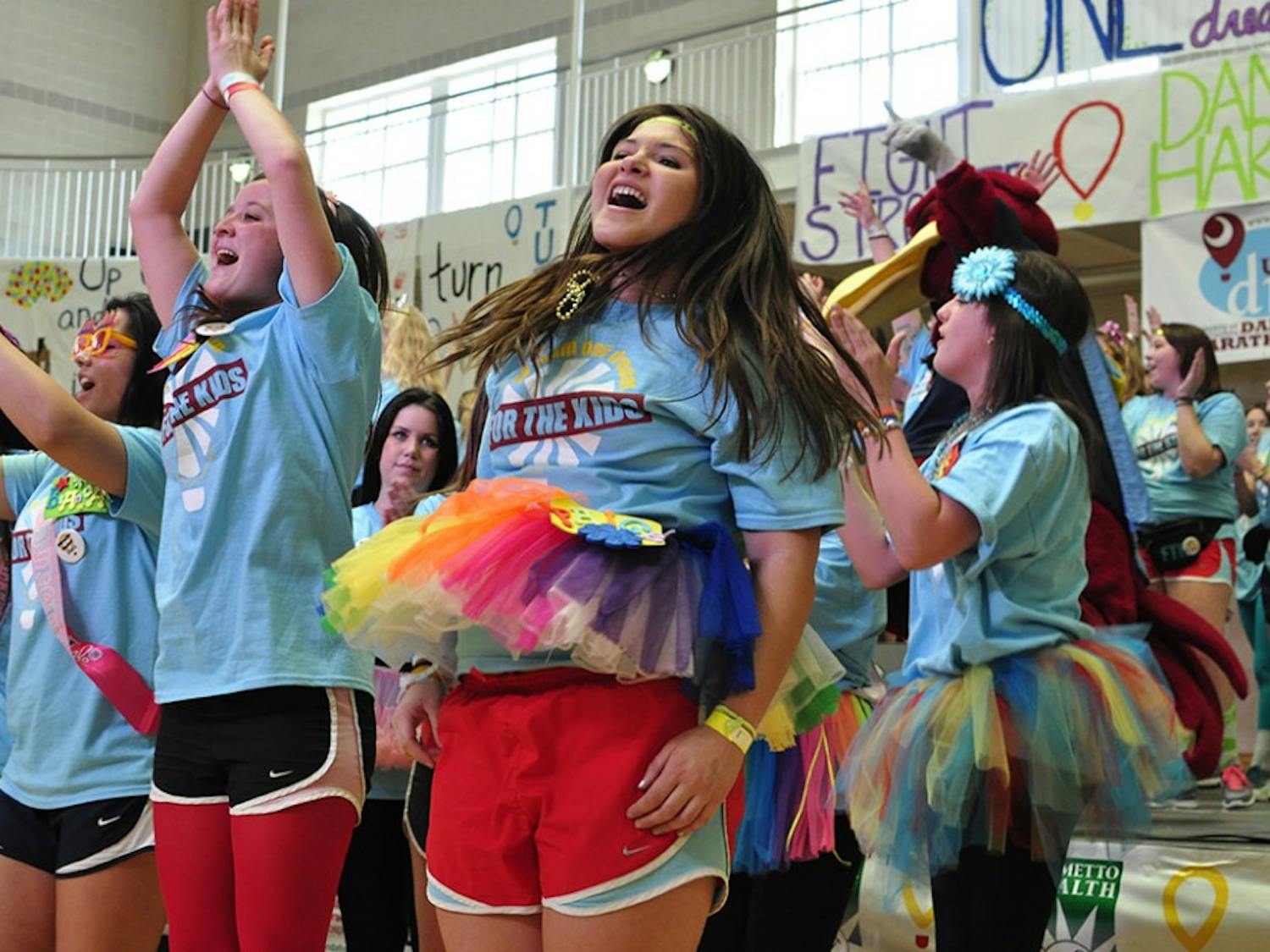 	The morale team shows off the carefully choreographed dance routine that Dance Marathon participants learn over the duration of the 24 hour event.
Brian Almond/The Daily Gamecock