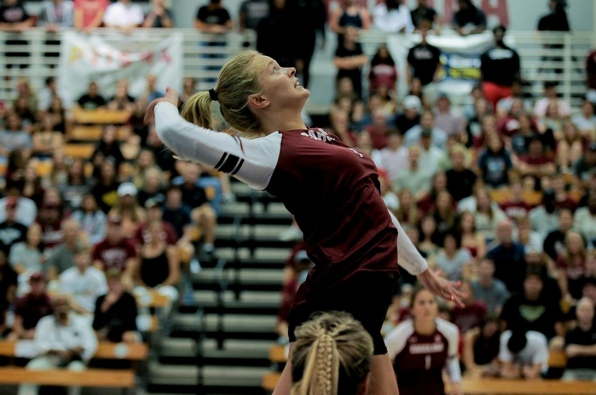 Senior outside hitter McKenzie Moorman jumps to hit the ball during the third and final set against Omaha during the Carolina Classic on Aug. 27 at the Carolina Volleyball Center.