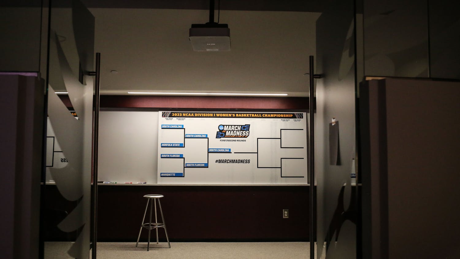 An updated NCAA bracket sits on display in the South Carolina locker room following the Gamecocks' win over South Florida in round two of the NCAA tournament at Colonial Life Arena on March 19, 2023. The Gamecocks defeated the Bulls 76-45.
