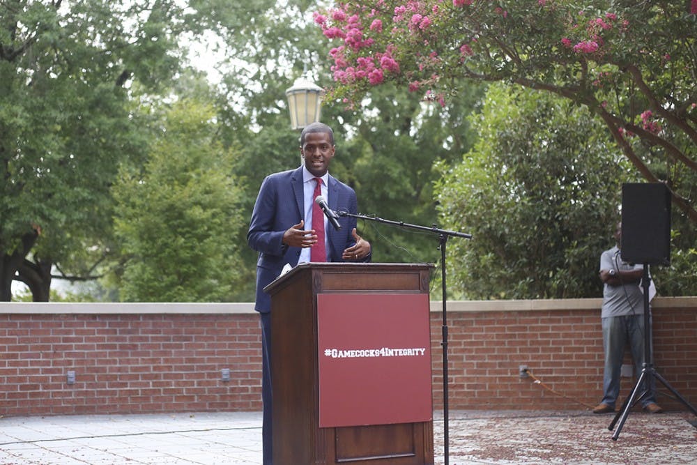 Former State Rep. Bakari Sellers addresses rally attendees on the Russell House patio, Wednesday afternoon.&nbsp;