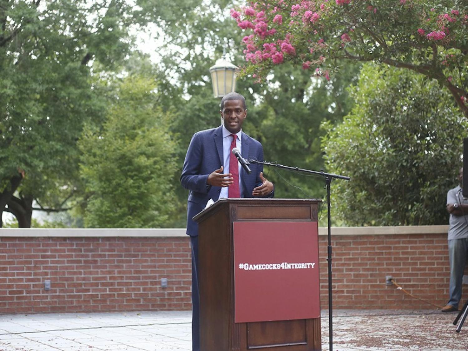 Former State Rep. Bakari Sellers addresses rally attendees on the Russell House patio, Wednesday afternoon.&nbsp;