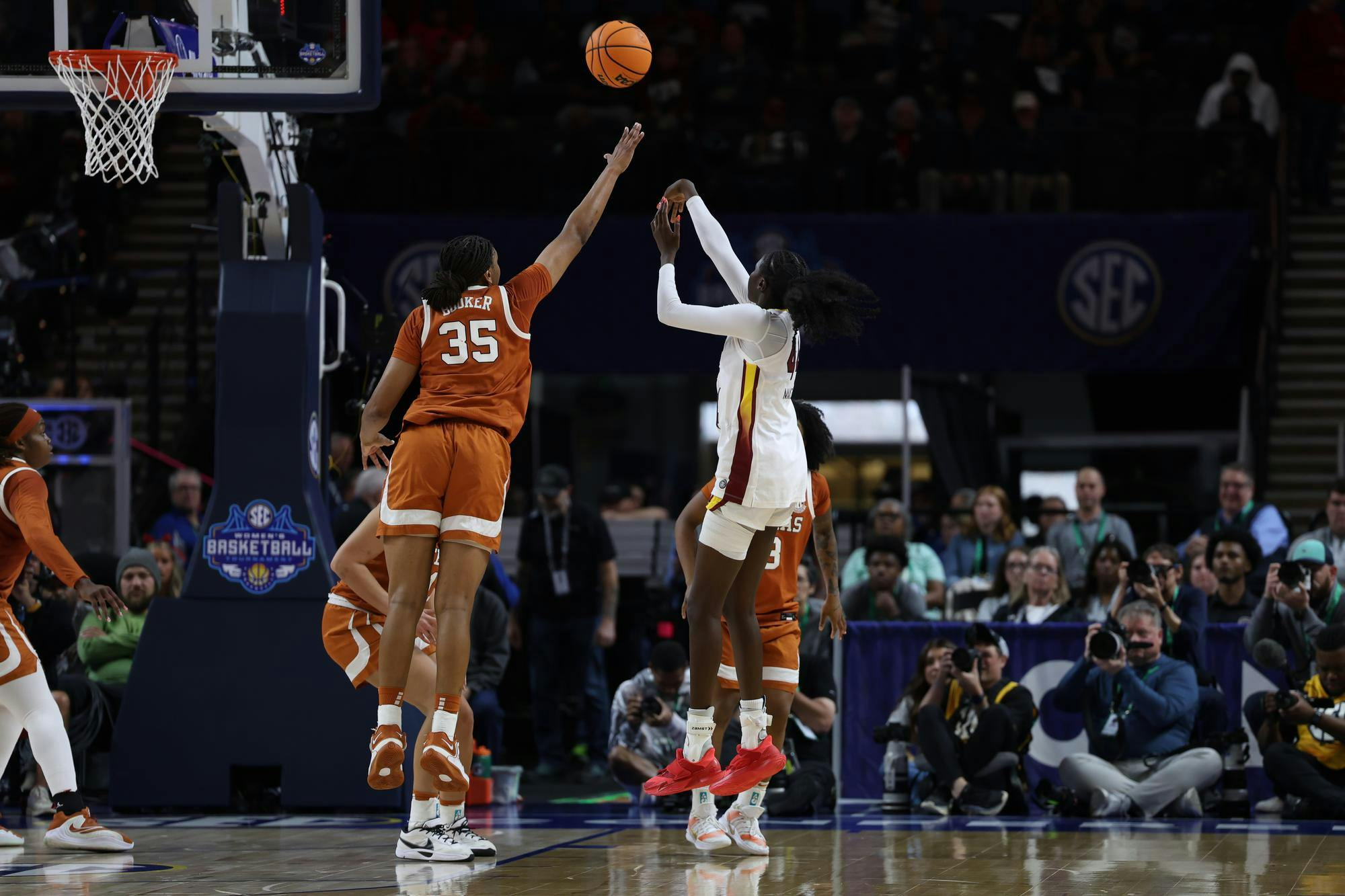 Freshman guard Agot Makeer shoots a contested mid-range shot over a Texas player on March 8, 2026, during the SEC Championship game at Bon Secours Wellness Arena. The Gamecocks fell short to the Longhorns 78-61.