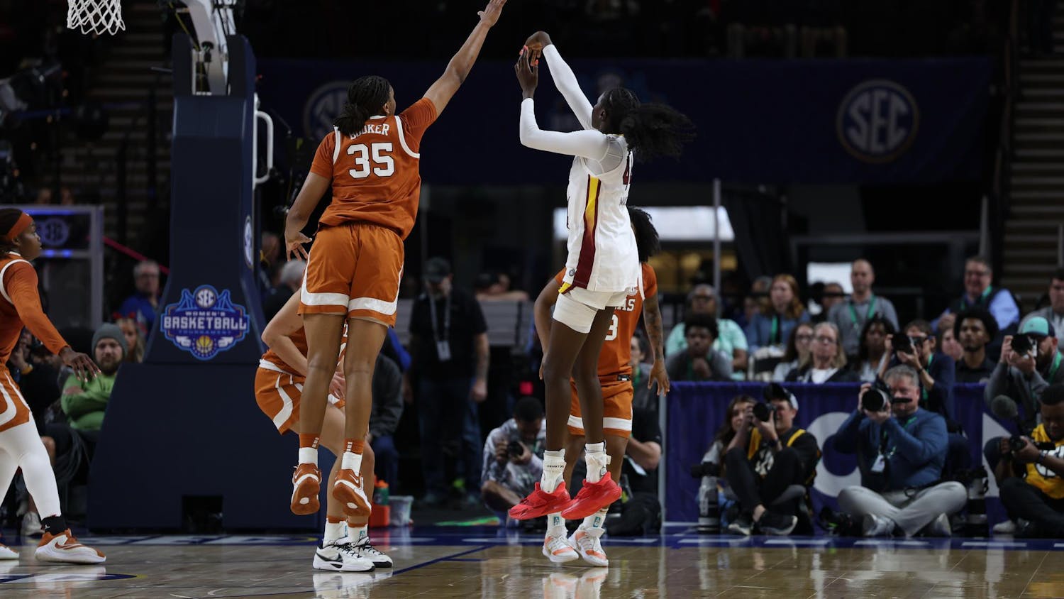 Freshman guard Agot Makeer shoots a contested mid-range shot over a Texas player on March 8, 2026, during the SEC Championship game at Bon Secours Wellness Arena. The Gamecocks fell short to the Longhorns 78-61.