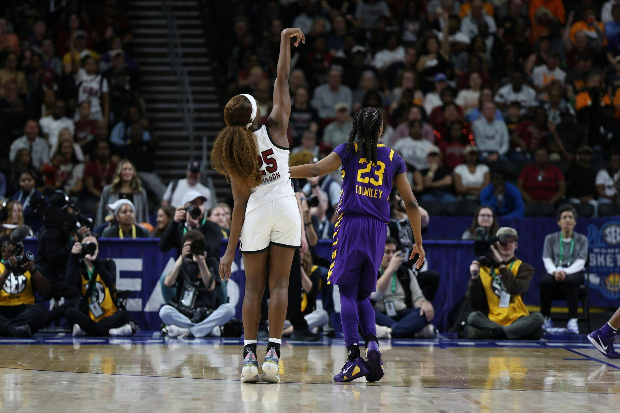 Senior guard Raven Johnson holds her pose after sinking a big 3-pointer against Kentucky during the 2026 SEC Tournament at Bon Secours Wellness Arena. Johnson finished with a career-high 22 points