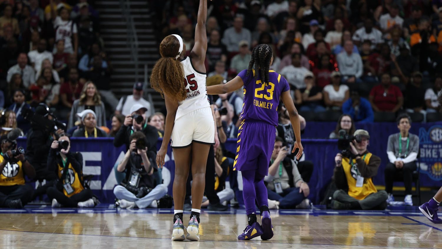 Senior guard Raven Johnson holds her pose after sinking a big 3-pointer against Kentucky during the 2026 SEC Tournament at Bon Secours Wellness Arena. Johnson finished with a career-high 22 points