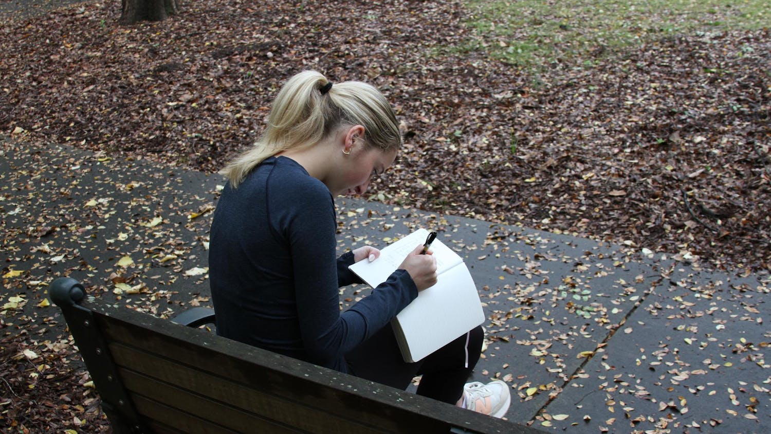 A photo illustration of a student sitting on a bench writing in their journal at the University of South Carolina on Nov. 11, 2024. Four times a year, Cassie Premo Steele invites writers to Congaree National Park for immersive workshops that blend nature walks with reflective journaling.