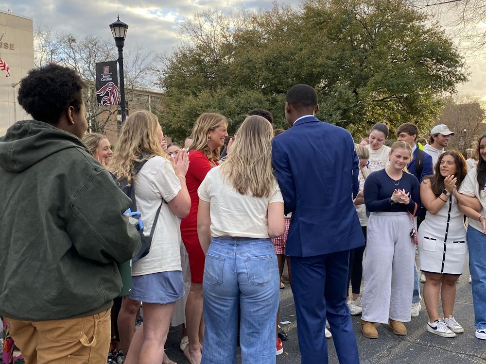 <p>Members of the Tkacs-Richardson campaign celebrate as the election commissioners announced Courtney Tkacs as the new student body president and Jordan Richardson as the new student body vice president on March 5, 2025. Tkacs will enter this role after completing her year as student body vice president.</p>