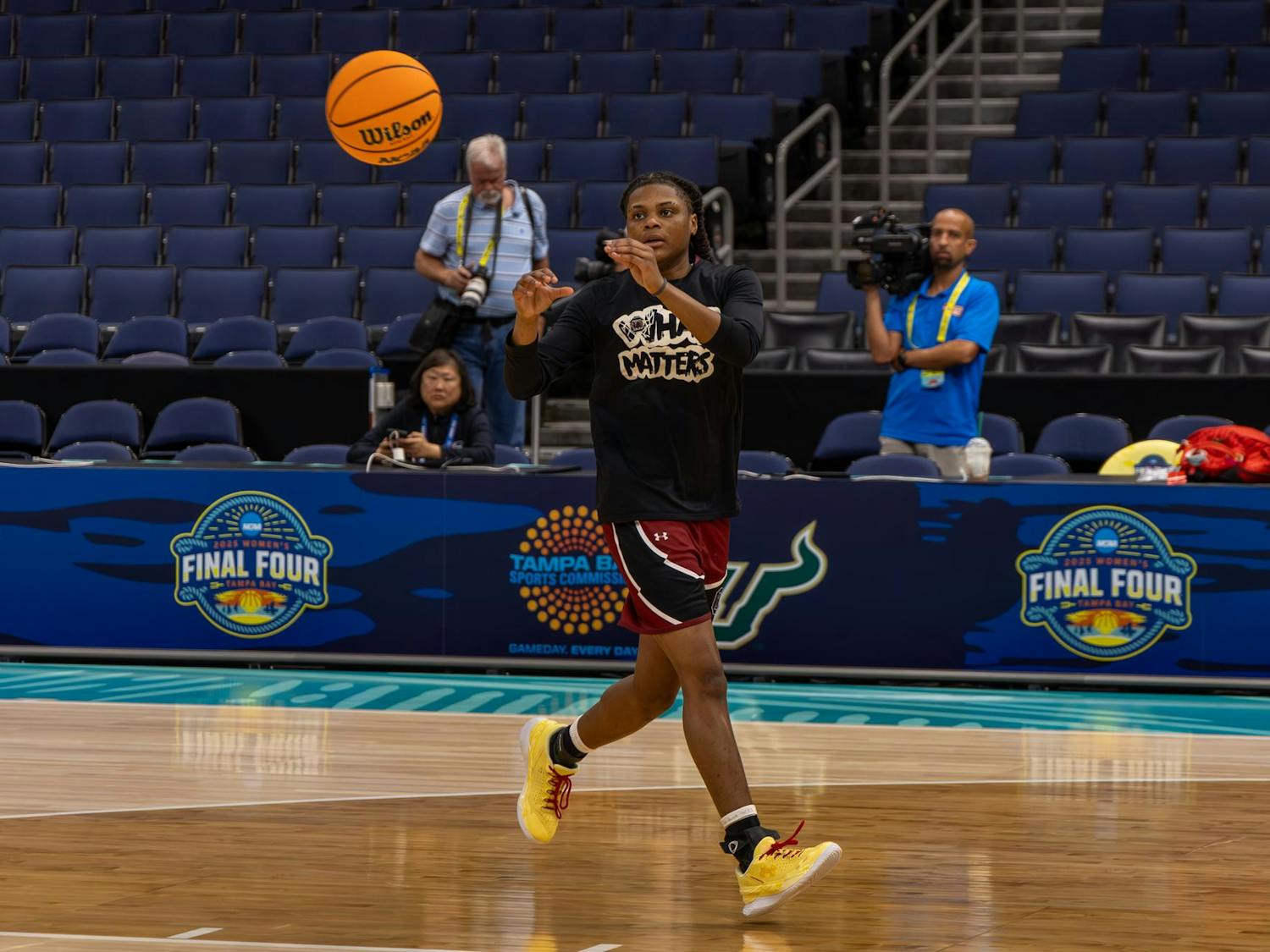 Sophomore guard MiLaysia Fulwiley receives a pass from her teammate during South Carolina's practice on April 3, 2025 at Amalie Arena in Tampa, Florida. Fulwiley has averaged 11.9 points and 2.9 rebounds per game this season.