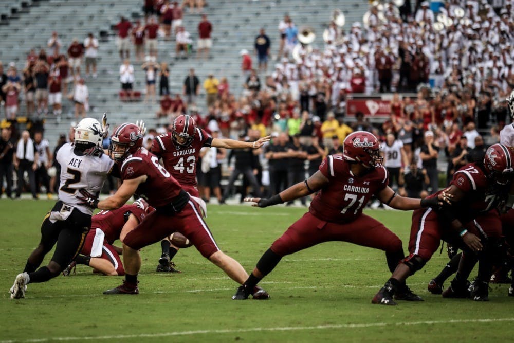 FILE—Senior kicker Parker White kicks a field goal during a game against Missouri on Oct. 6, 2018 at Williams-Brice Stadium in Columbia, SC. The Gamecocks beat the Tigers, 37-35.