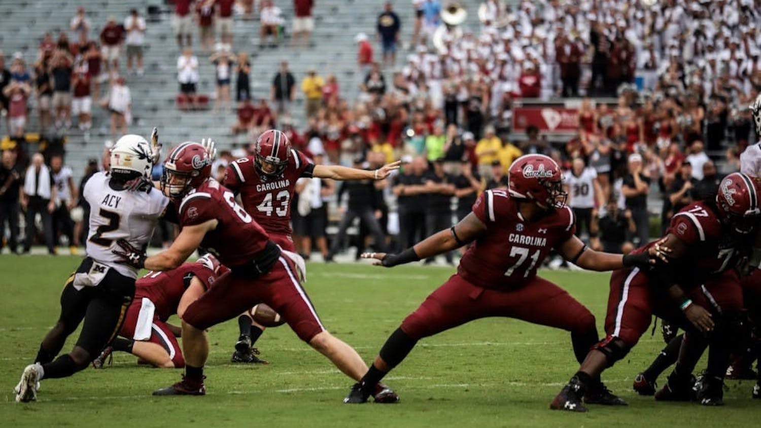 FILE—Senior kicker Parker White kicks a field goal during a game against Missouri on Oct. 6, 2018 at Williams-Brice Stadium in Columbia, SC. The Gamecocks beat the Tigers, 37-35.