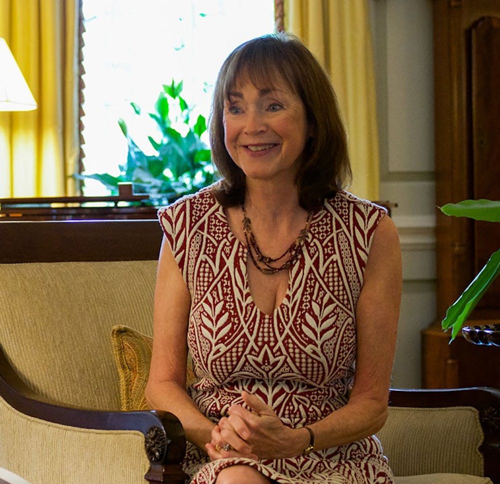 <p>Patricia Moore-Pastides, interim first lady and author of “At Home in the Heart of the Horseshoe — Life in the University of South Carolina President's House,” sits in the President's House. She discussed her book about how former university presidents have personalized and utilized the space throughout its history.</p>