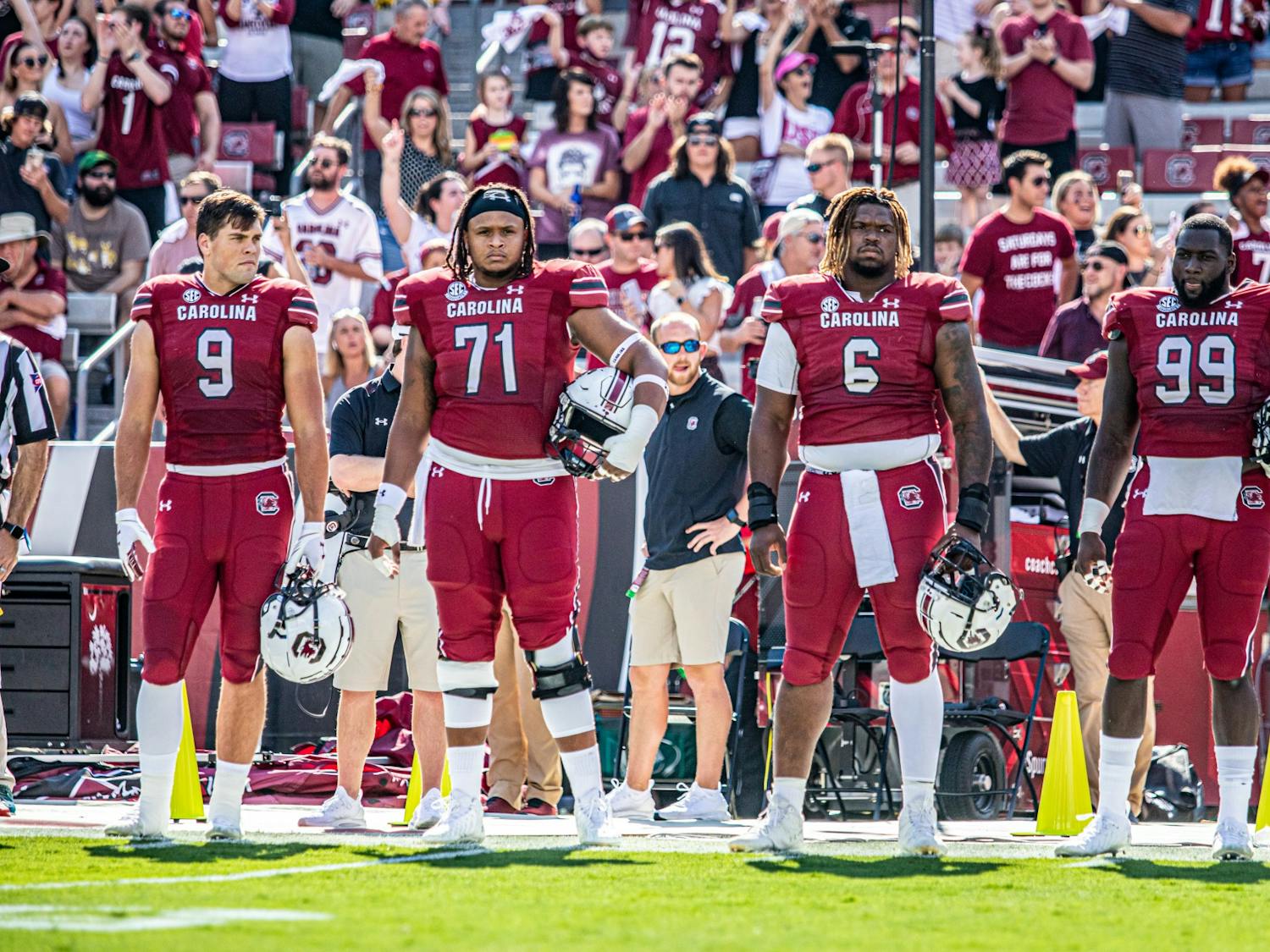 Carolina players lined up awaiting to do the coin toss at the Troy Football Game on Saturday October 2, 2021.