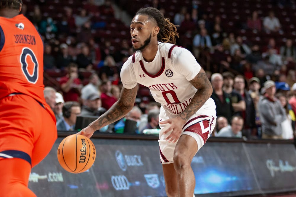 <p>FILE—Graduate guard James Reese V works the ball down the court in a game against Auburn on Jan. 4, 2022 at Colonial Life Arena in Columbia, SC. Reese scored the final points to lead the Gamecocks to victory over Ole Miss on Feb. 16, 2022.&nbsp;</p>