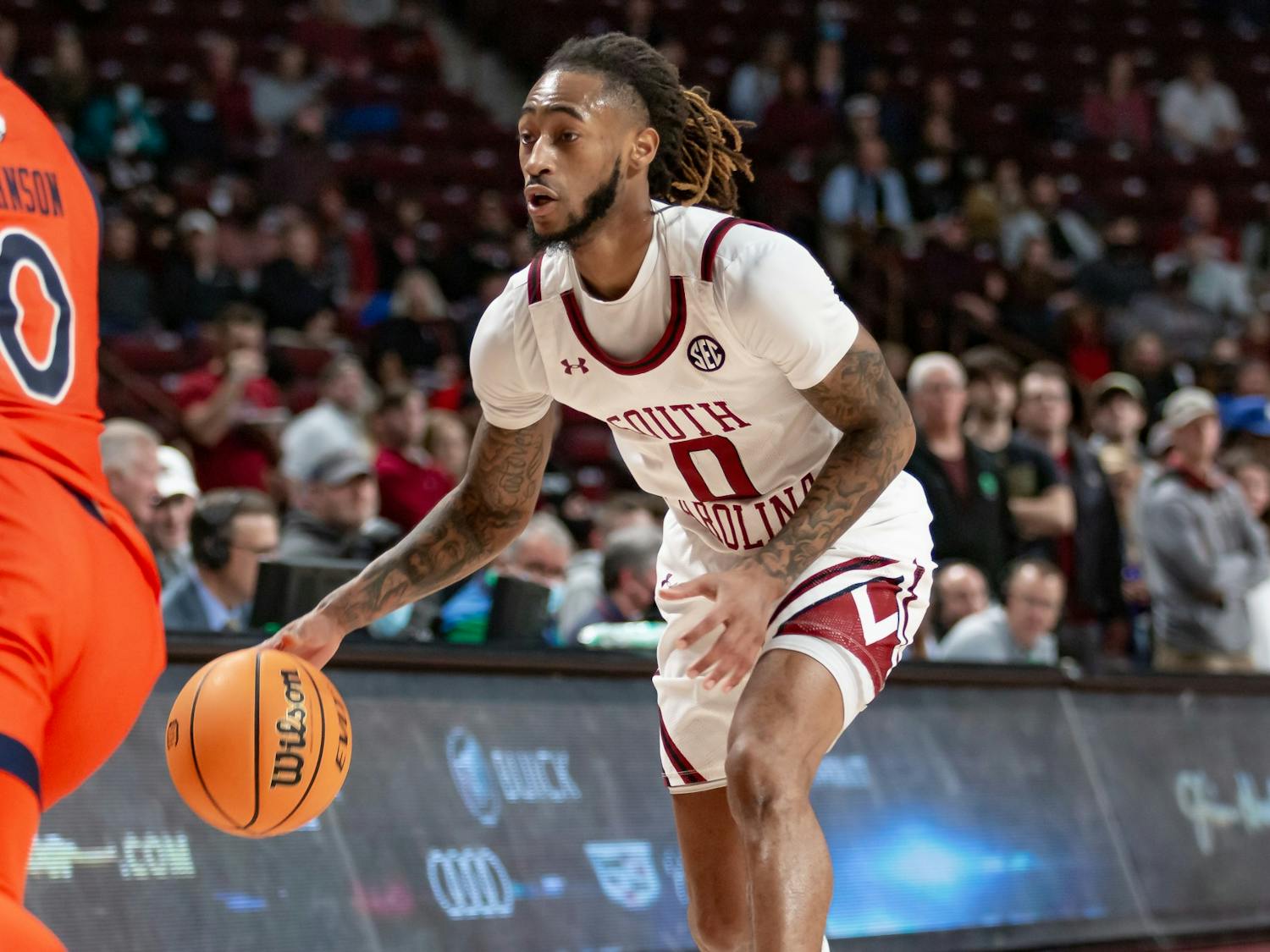 FILE—Graduate guard James Reese V works the ball down the court in a game against Auburn on Jan. 4, 2022 at Colonial Life Arena in Columbia, SC. Reese scored the final points to lead the Gamecocks to victory over Ole Miss on Feb. 16, 2022. 