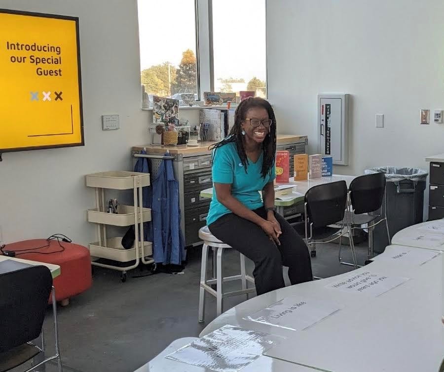 Jennifer Bartell Boykin speaks to a group at Richland Library Sandhills for their Community Poet-tree for Random Acts of Poetry Day on Oct. 4, 2023. Random Acts of Poetry Day happens every first Wednesday of October. 