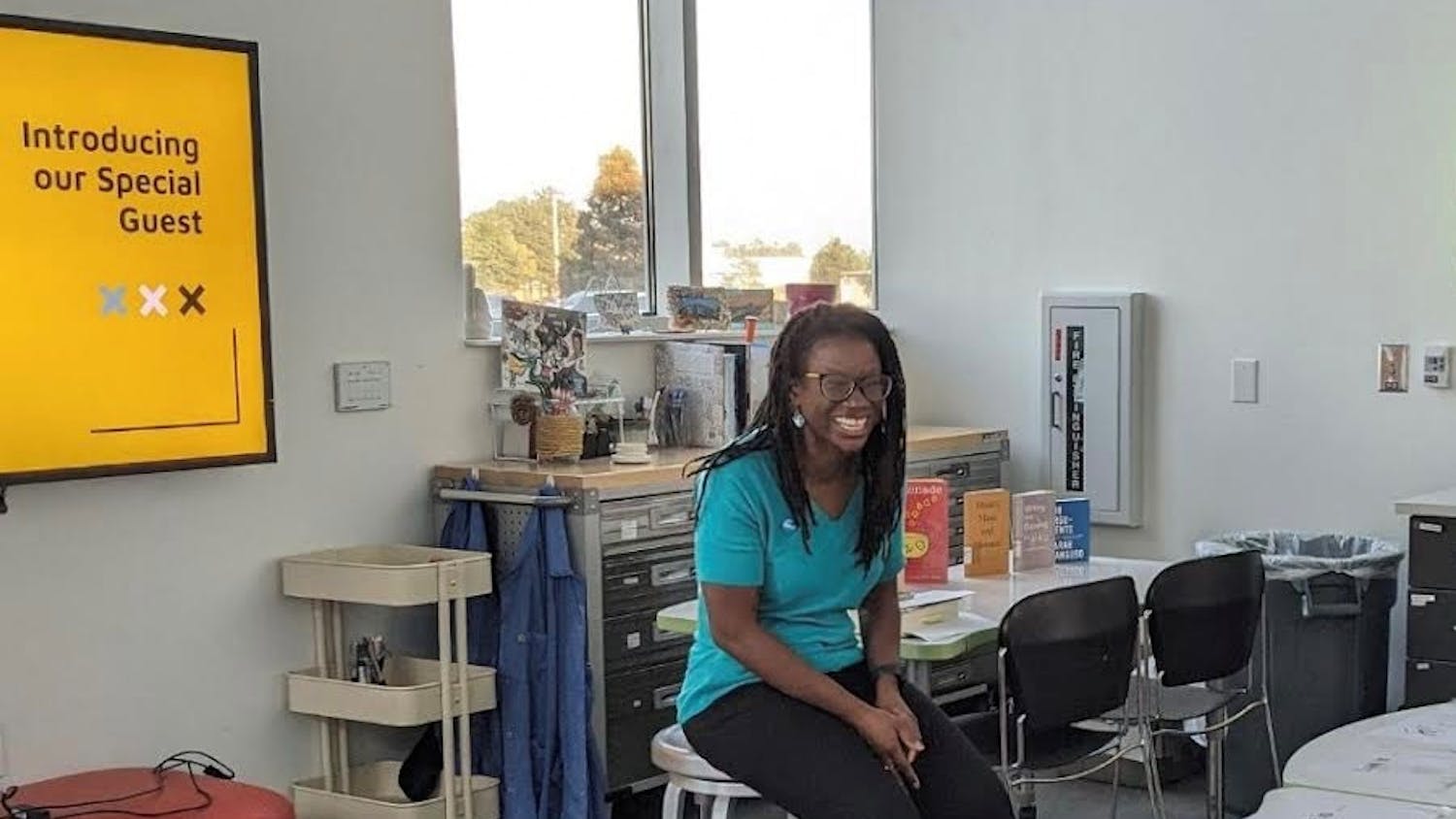 Jennifer Bartell Boykin speaks to a group at Richland Library Sandhills for their Community Poet-tree for Random Acts of Poetry Day on Oct. 4, 2023. Random Acts of Poetry Day happens every first Wednesday of October.