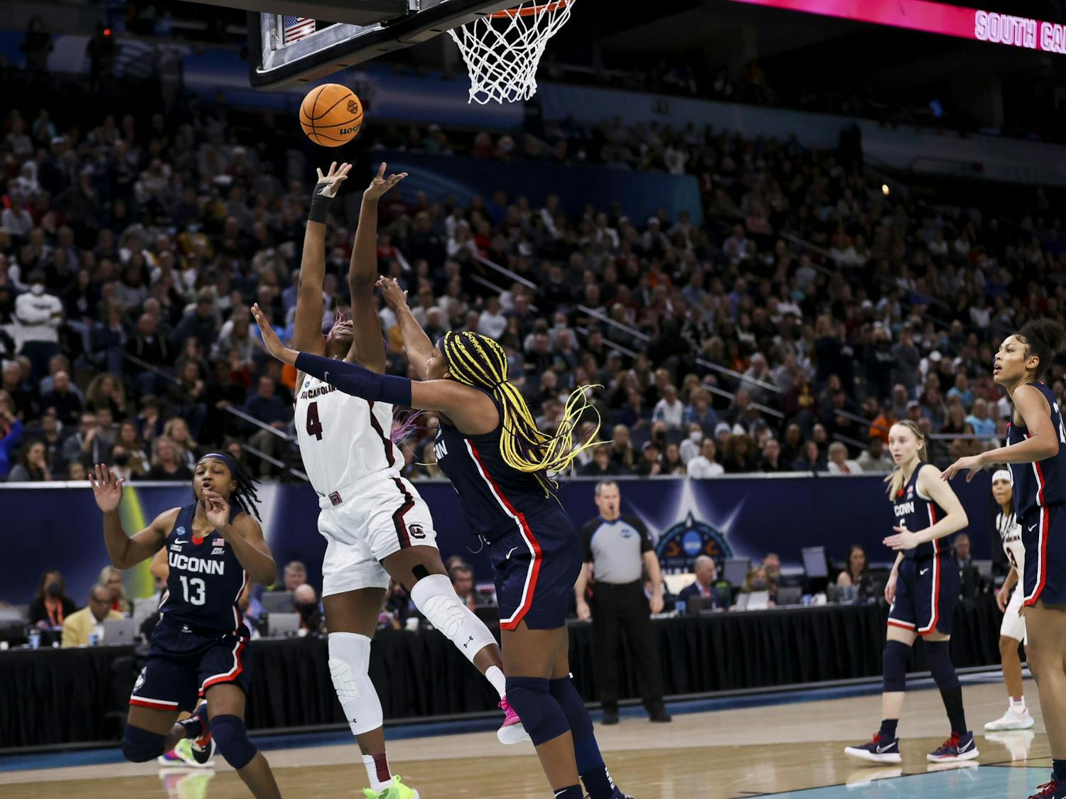 Junior forward Aliyah Boston goes for a layup during the second quarter of South Carolina's 64-49 victory over University of Connecticut, winning the 2022 National Championship on April 3, 2022.