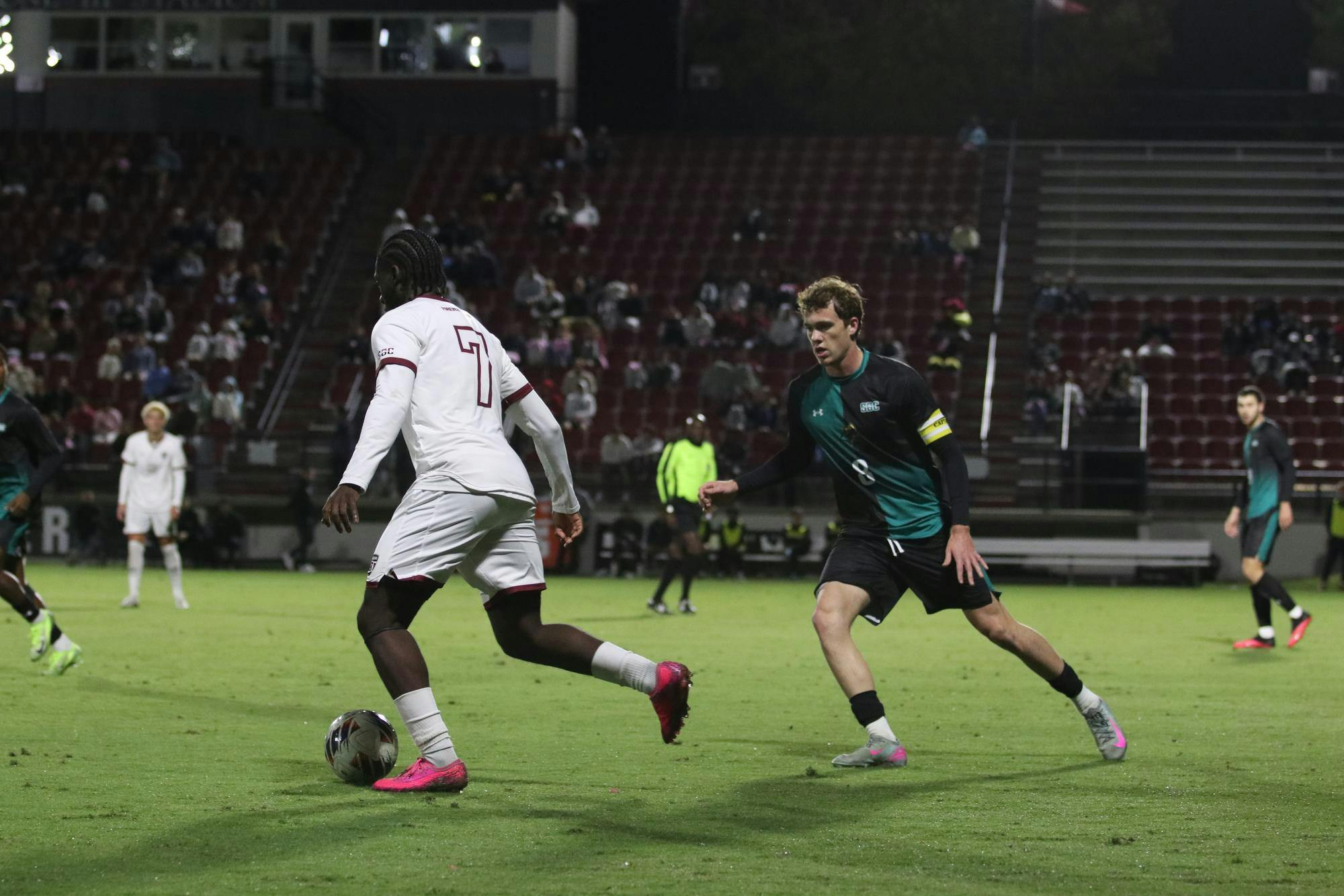 South Carolina junior midfielder Isaiah Whittaker-Francis plays in the match against Coastal Carolina on Oct. 26, 2025. Whittaker-Francis hit a season-high of two shots and 90 playing minutes in the match.