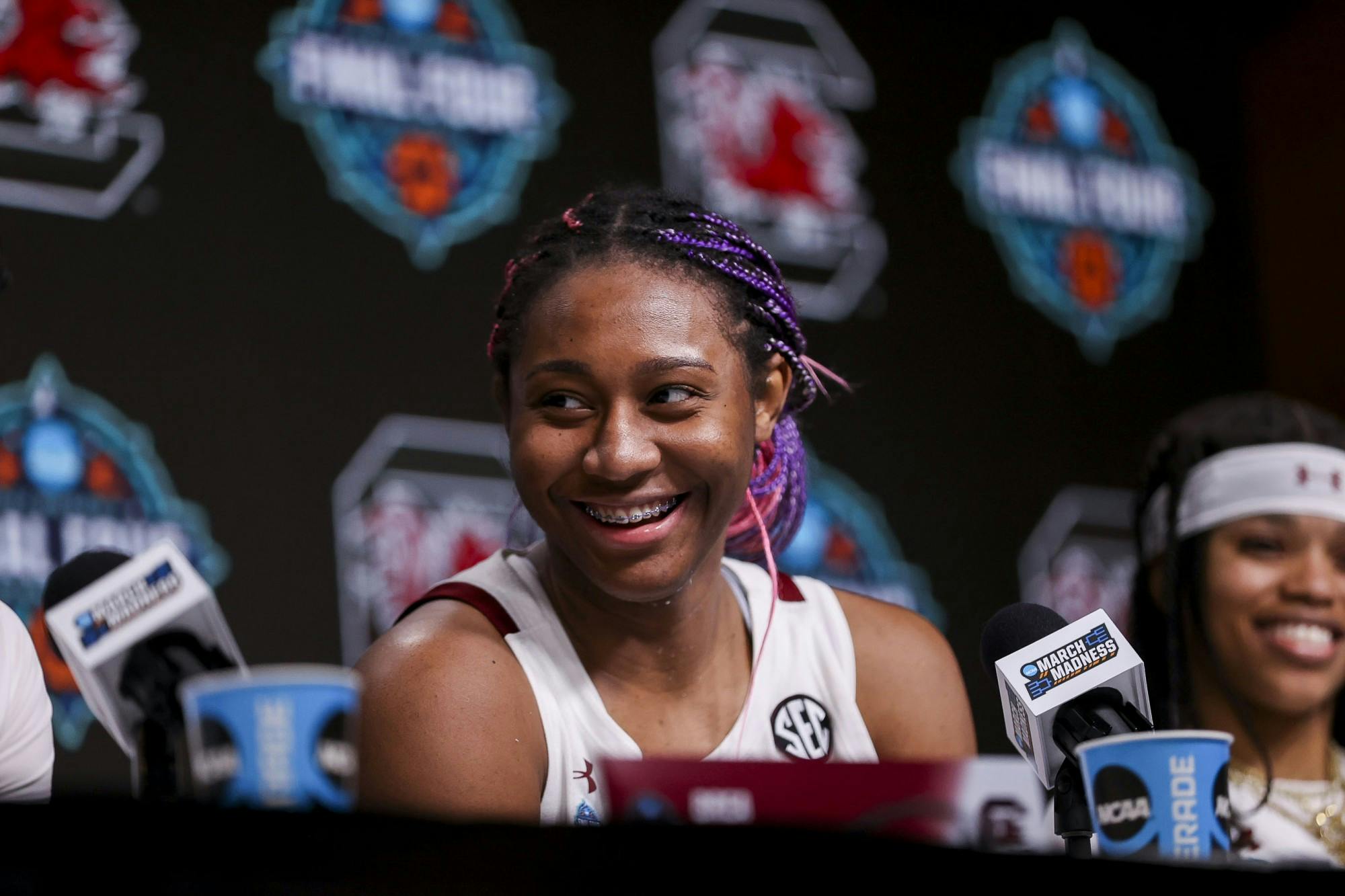 Junior forward Aliyah Boston speaks to the media after South Carolina's 72-59 victory over Louisville on April 1, 2022, advancing to the National Championship game.