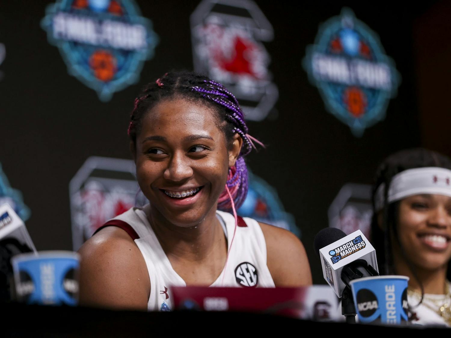 Junior forward Aliyah Boston speaks to the media after South Carolina's 72-59 victory over Louisville on April 1, 2022, advancing to the National Championship game.