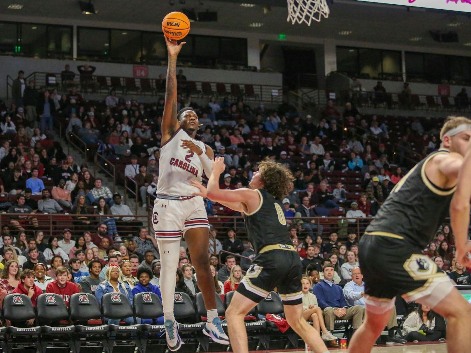 FILE — Graduate student forward B.J. Mack attempts a layup during South Carolina’s exhibition victory against Wofford at Colonial Life Arena on Nov. 1, 2023. The Gamecocks defeated the Arkansas Razorbacks on Jan. 20, 2024, to move to 15-3 on the season.