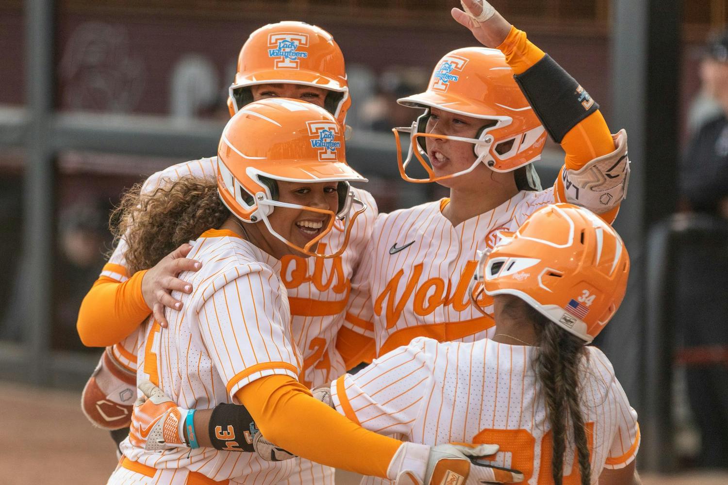 University of Tennessee senior catcher Rylie West (left) celebrates with her teammates after making a two-point home run at the top of the third inning against the University of South Carolina at Beckham Field on March 24, 2024. This marks the senior's eighth home run of the 鶹С򽴫ý — her last made against the University of Western Carolina three days prior.