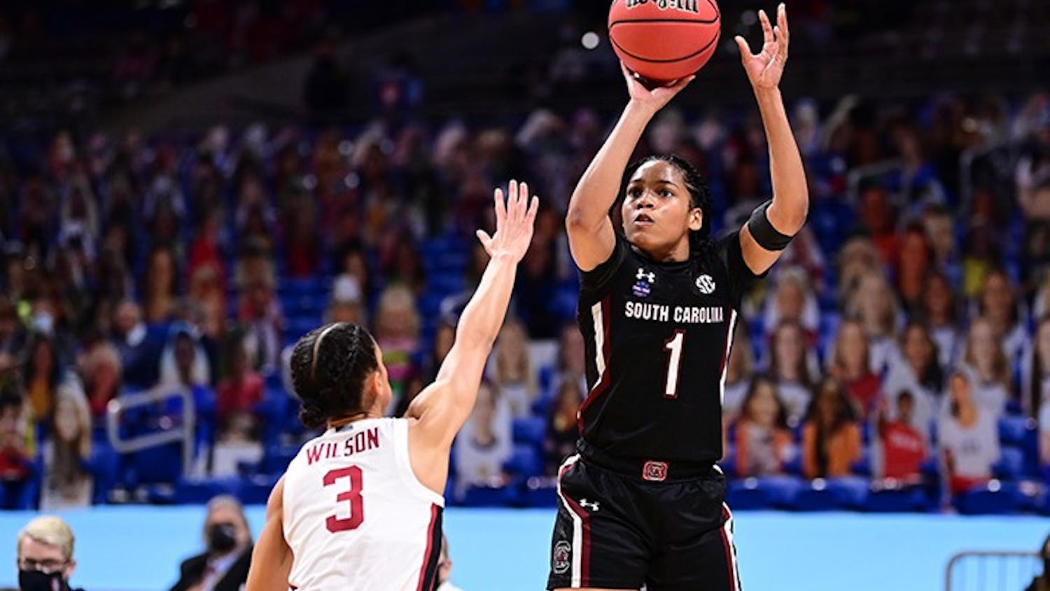 &nbsp;Sophomore guard Zia Cooke shoots over Stanford Cardinal Anna Wilson during the semifinals of the NCAA Women’s Basketball Tournament at the Alamodome on April 2, 2021 in San Antonio, Texas.&nbsp;