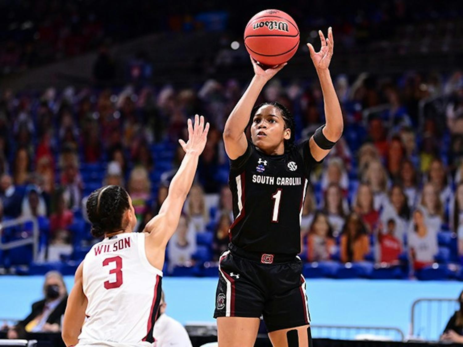  Sophomore guard Zia Cooke shoots over Stanford Cardinal Anna Wilson during the semifinals of the NCAA Women’s Basketball Tournament at the Alamodome on April 2, 2021 in San Antonio, Texas. 