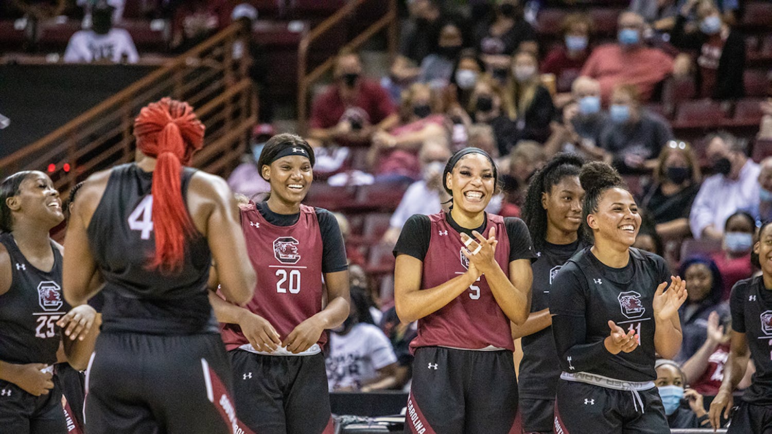 The Garnet and Black teams get ready to face off in the open scrimmage Oct. 1, 2021, before the start of the women's basketball season. The Black team won with a score of 22-18.