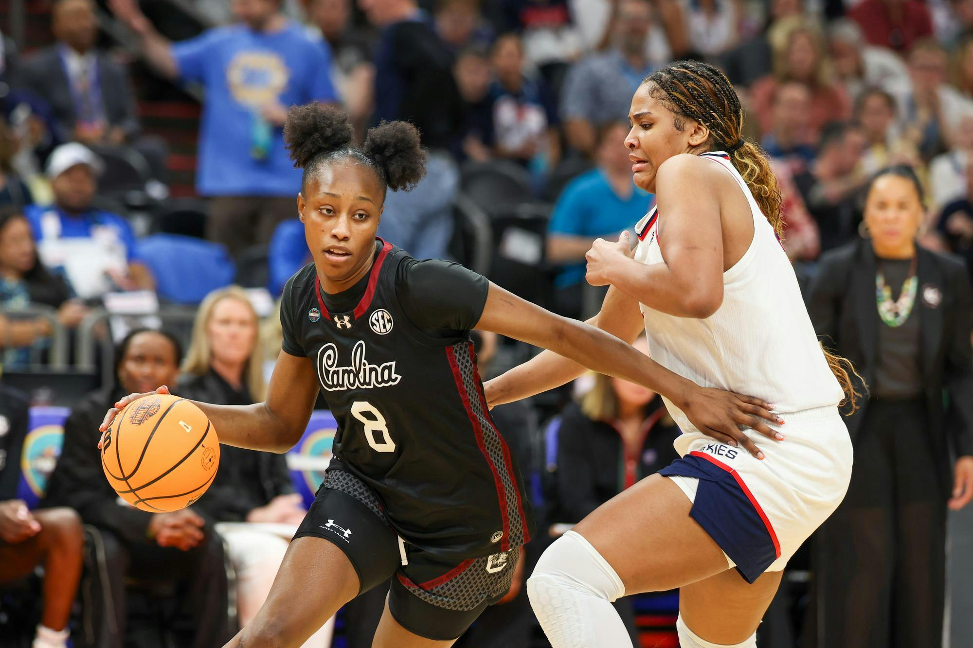 Sophomore forward Joyce Edwards maneuvers around sophomore forward Sarah Strong during the semifinal game against UConn on April 3, 2026. Edwards scored 11 points just behind Strong's 12.