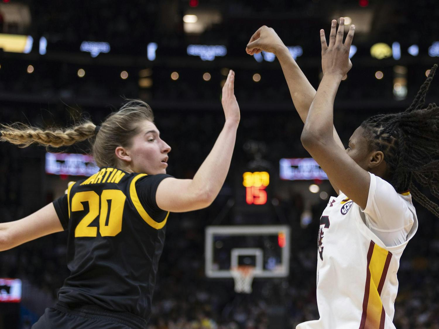 Gamecock freshman guard MiLaysia Fulwiley attempts a 3-point shot against Hawkeye graduate guard Kate Martin during the NCAA championship game on April 7, 2024. Fulwiley scored 9 points for the Gamecocks enroute to the team's 87-75 victory.