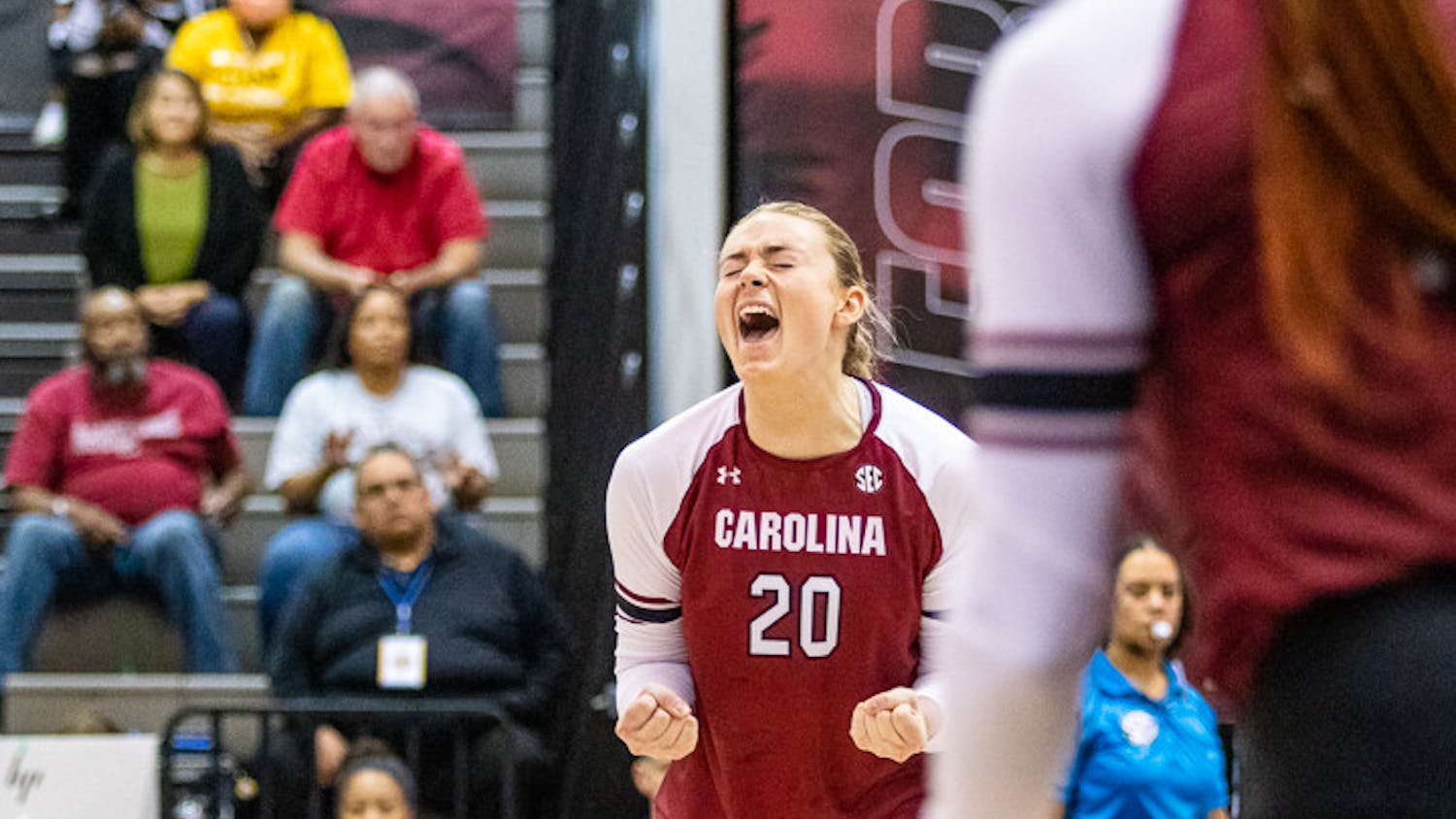 Junior outside hitter Riley Whitesides celebrates after winning a rally on Nov. 6, 2022. The Gamecocks defeated Ole Miss 3-1.&nbsp;