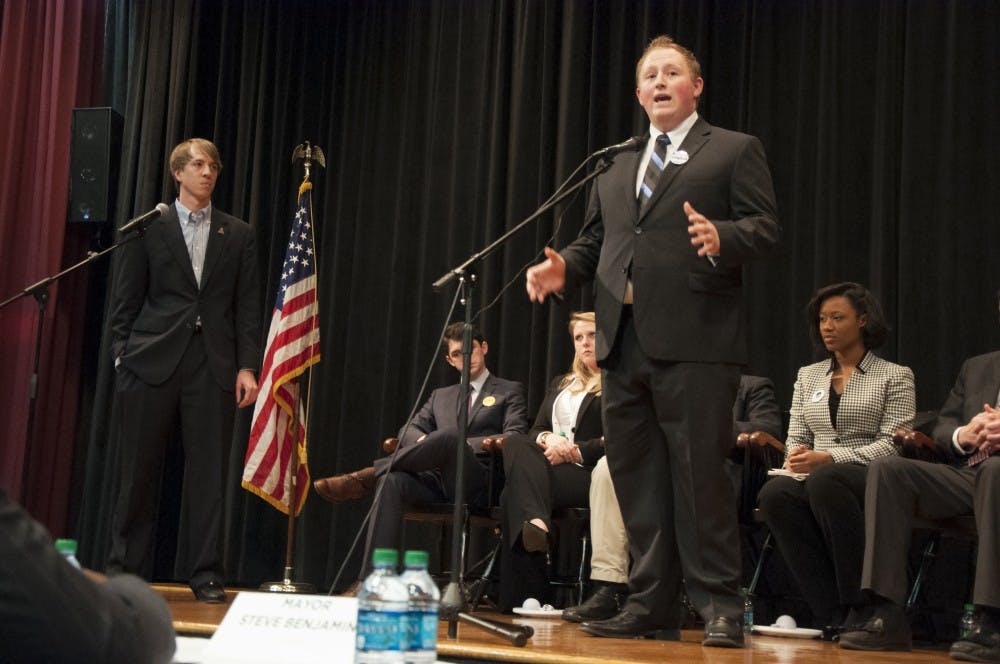 	<p>Vice presidential candidate Donnie Iorio addresses the crowd at Monday&#8217;s Executive Candidates Debate in the Russell House Theater.</p>